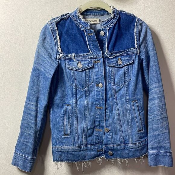 Madewell Blue Likes Patchwork Two Toned Raw Hem‎ Denim Jean Jacket Women Siz/XXS - Picture 1 of 9